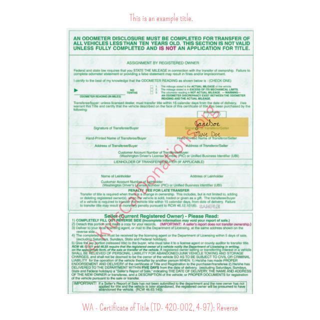 This is an Example of Washington Certificate of Title (TD- 420-002, 4-97) Reverse View | Kids Car Donations